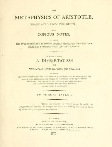 Aristotle: The metaphysics of Aristotle (1801, Printed for the author, by Davis, Wilks, and Taylor)